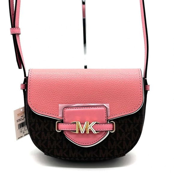 Michael Kors Small Reed Leather Saddle Crossbody Bag Brown/Pink (NWT) - Picture 1 of 12
